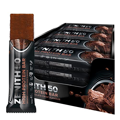 IronMaxx Zenith 50 Barrita proteica - brownie chocolate crisp 16 x 45g |barrita proteica con 50% de proteínas | bajo en carbohidratos, bajo en azúcar con aminoácidos importantes