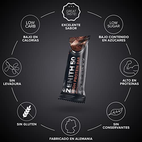 IronMaxx Zenith 50 Barrita proteica - brownie chocolate crisp 16 x 45g |barrita proteica con 50% de proteínas | bajo en carbohidratos, bajo en azúcar con aminoácidos importantes