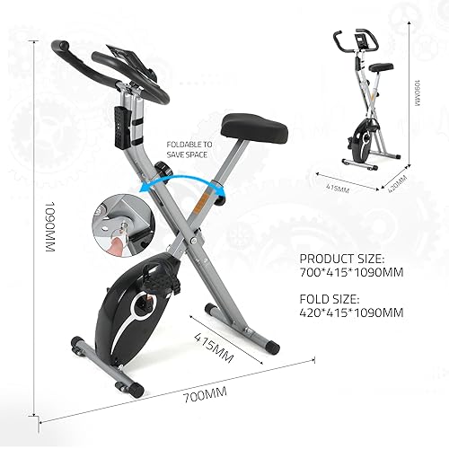 ISE Bicicleta estática plegable, bici estatica para 16 niveles de resistencia, consola con 7 funciones, pulsómetro, Bluetooth con APP Kinomap, bicicleta estática con Ruedas de transporte,SY-812