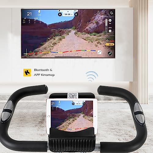 ISE Bicicleta estática plegable, bici estatica para 16 niveles de resistencia, consola con 7 funciones, pulsómetro, Bluetooth con APP Kinomap, bicicleta estática con Ruedas de transporte,SY-812