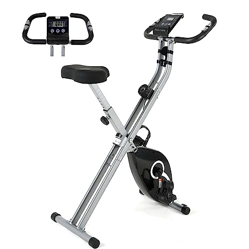 ISE Bicicleta estática plegable, bici estatica para 16 niveles de resistencia, consola con 7 funciones, pulsómetro, Bluetooth con APP Kinomap, bicicleta estática con Ruedas de transporte,SY-812