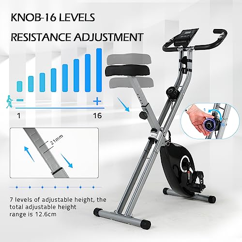 ISE Bicicleta estática plegable, bici estatica para 16 niveles de resistencia, consola con 7 funciones, pulsómetro, Bluetooth con APP Kinomap, bicicleta estática con Ruedas de transporte,SY-812