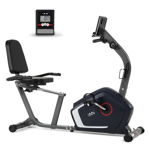 ISE Bicicleta estática semialargada con freno magnético, 8 niveles de resistencia ajustables, sensores de implicación y pantalla LCD, ruedas de transporte, máximo 120 kg,SY-6906