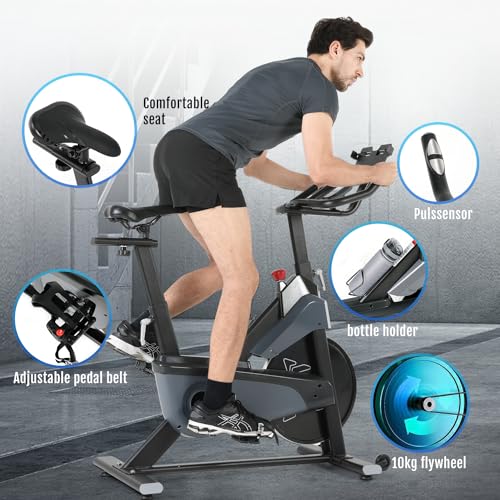 ISE Estática de Profesional con Sensor de Pulso, Ajustable Resistencia, Pantalla, Bicicleta Fitness de Gimnasio Ejercicio con Volante de Inercia de 10kg, Sillín y Reposabrazos Ajustable, SY-7601