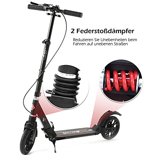 ISE Patinetes Plegable de 2 Grandes Ruedas, Kick Scooter de Manillar Ajustable 93-107cm con 200mm Ruedas y Freno de Guardabarros Trasero&Mano, Máx 100kg, Negro&Rojo, SY-SC002