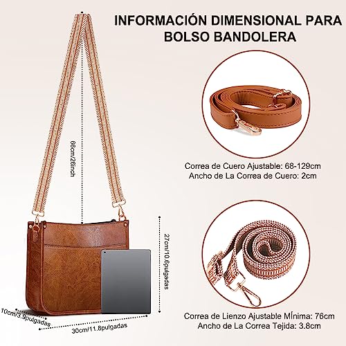 ISEYOU Bolso Mujer, Bolso Bandolera Mujer PU Cuero Moda con 2PCS Correas Ajustable y Reemplazables, Bolso Hombro Mujer para Viaje Trabajo Diario Escuela Compras Bag, Marrón