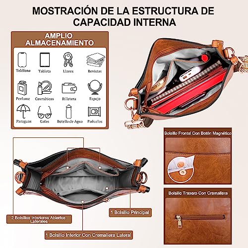 ISEYOU Bolso Mujer, Bolso Bandolera Mujer PU Cuero Moda con 2PCS Correas Ajustable y Reemplazables, Bolso Hombro Mujer para Viaje Trabajo Diario Escuela Compras Bag, Marrón