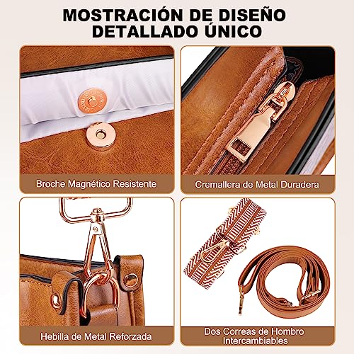 ISEYOU Bolso Mujer, Bolso Bandolera Mujer PU Cuero Moda con 2PCS Correas Ajustable y Reemplazables, Bolso Hombro Mujer para Viaje Trabajo Diario Escuela Compras Bag, Marrón