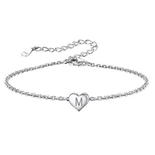 isigno Pulsera Letra Inicial A-Z Pulseras con Iniciales Cadena Acero inoxidable para Mujer y Hombre con Inicial de Nombre Pulsera Corazón con Letra Grabado Regalo para Familia, Amiga, Novios,M