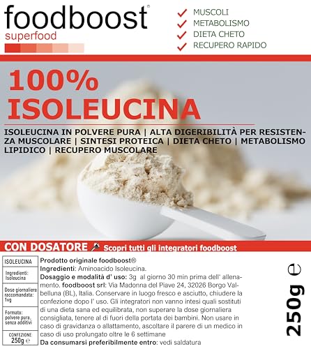 Isoleucina en polvo puro 250g foodboost® - aminoácido BCAA esencial - con dosificador - rendimiento atlético, recuperación muscular, masa muscular culturismo