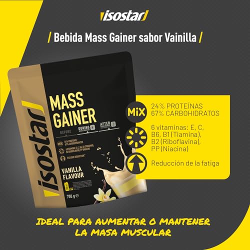 Isostar Mass Gainer Sabor Vainilla, Rico en Proteínas que Ayudan a Aumentar la Masa Muscular. 24% Proteína, 67% carbohidratos y 6 Vitaminas