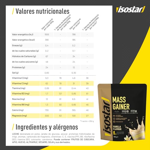 Isostar Mass Gainer Sabor Vainilla, Rico en Proteínas que Ayudan a Aumentar la Masa Muscular. 24% Proteína, 67% carbohidratos y 6 Vitaminas