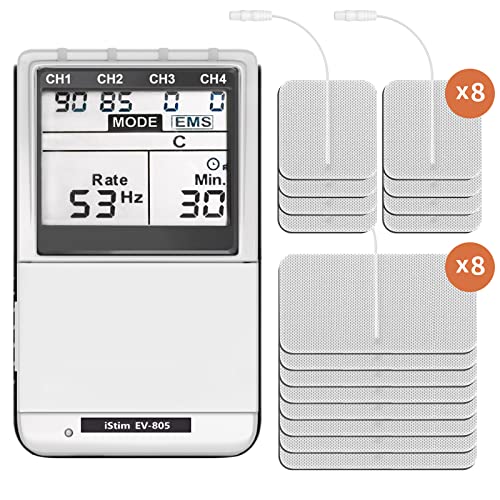 iSTIM Unidad de máquina combinada EV-805 TENS EMS de 4 canales: estimulador muscular + alivio y control del dolor de espalda. Incluye 16 almohadillas para electrodos TENS/EMS.