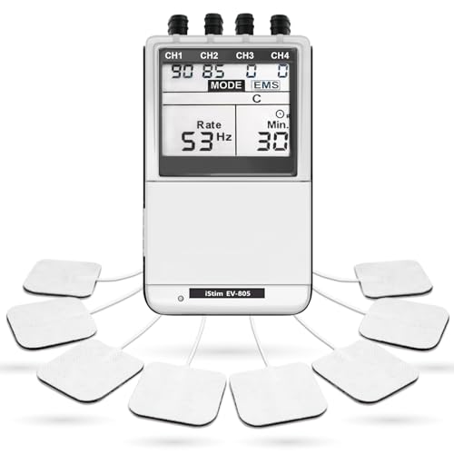 iSTIM Unidad de máquina combinada EV-805 TENS EMS de 4 canales: estimulador muscular + alivio y control del dolor de espalda. Incluye 16 almohadillas para electrodos TENS/EMS.