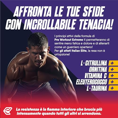 Italian Elite® Pre Workout Extreme, estimula la fuerza, la energía, la resistencia, la bomba muscular y el enfoque mental para el entrenamiento. 120 comprimidos con Beta Alanina Arginina Cafeína