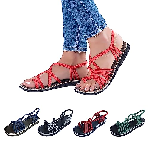 Ivedin | Sandalias de Mujer Verano | Sujeción con Cuerda de Nylon | Diseño Gladiador | Zapatillas con Trenzas Cruzadas Romanas (Rojo, 39 EU)