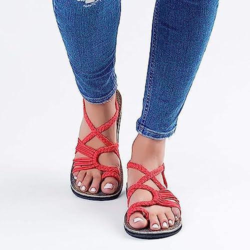 Ivedin | Sandalias de Mujer Verano | Sujeción con Cuerda de Nylon | Diseño Gladiador | Zapatillas con Trenzas Cruzadas Romanas (Rojo, 39 EU)