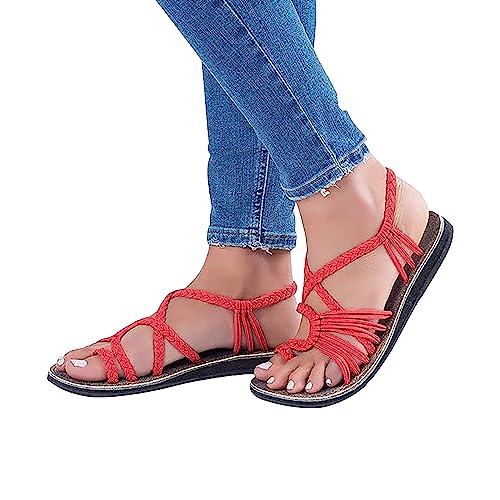 Ivedin | Sandalias de Mujer Verano | Sujeción con Cuerda de Nylon | Diseño Gladiador | Zapatillas con Trenzas Cruzadas Romanas (Rojo, 39 EU)