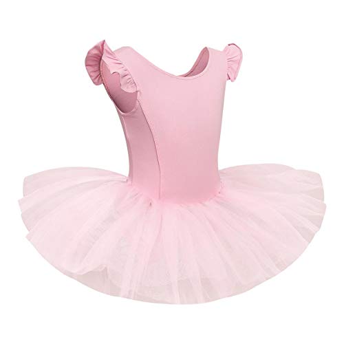 IWEMEK Vestido Bailarina Niña Maillot Ballet Mangas Volantes Plisadas Cuello Redondo Falda Tutu Color Sólido Disfraz Gimnasia Patinadora Artistica Danza Clasica Carnaval Princesa Rosa 3-4 años