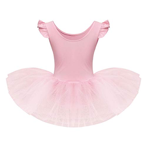 IWEMEK Vestido Bailarina Niña Maillot Ballet Mangas Volantes Plisadas Cuello Redondo Falda Tutu Color Sólido Disfraz Gimnasia Patinadora Artistica Danza Clasica Carnaval Princesa Rosa 3-4 años