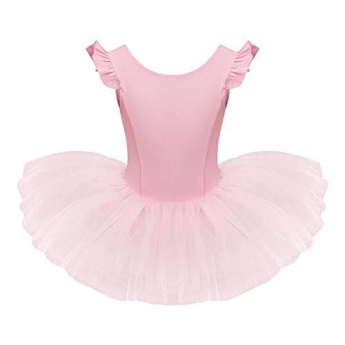 IWEMEK Vestido Bailarina Niña Maillot Ballet Mangas Volantes Plisadas Cuello Redondo Falda Tutu Color Sólido Disfraz Gimnasia Patinadora Artistica Danza Clasica Carnaval Princesa Rosa 3-4 años