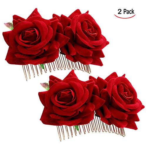 iwobi Hebillas de Pelo de Flor Rosa, 2 Piezas de Pinza de Pelo Flor Rosa Pinza para el Cabello de la Boda Bailarina de Flamenco, Accesorios para el Cabello con Flor de Rosa para Mujeres