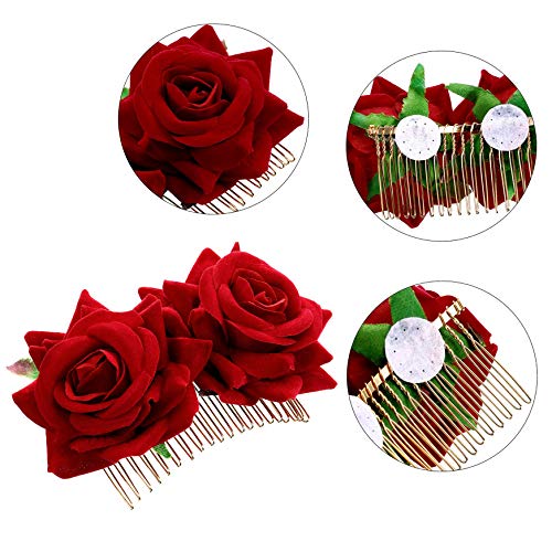 iwobi Hebillas de Pelo de Flor Rosa, 2 Piezas de Pinza de Pelo Flor Rosa Pinza para el Cabello de la Boda Bailarina de Flamenco, Accesorios para el Cabello con Flor de Rosa para Mujeres