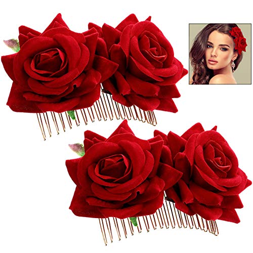 iwobi Hebillas de Pelo de Flor Rosa, 2 Piezas de Pinza de Pelo Flor Rosa Pinza para el Cabello de la Boda Bailarina de Flamenco, Accesorios para el Cabello con Flor de Rosa para Mujeres