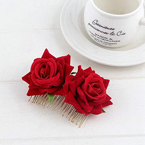 iwobi Hebillas de Pelo de Flor Rosa, 2 Piezas de Pinza de Pelo Flor Rosa Pinza para el Cabello de la Boda Bailarina de Flamenco, Accesorios para el Cabello con Flor de Rosa para Mujeres