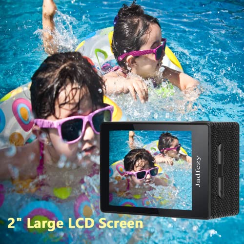 Jadfezy Cámara Deportiva HD 1080P, Cámara subacuática 30M con 140 Grados Gran Angular, Cámara de acción 2 baterías Recargables de 900mAh y Kit de Accesorios