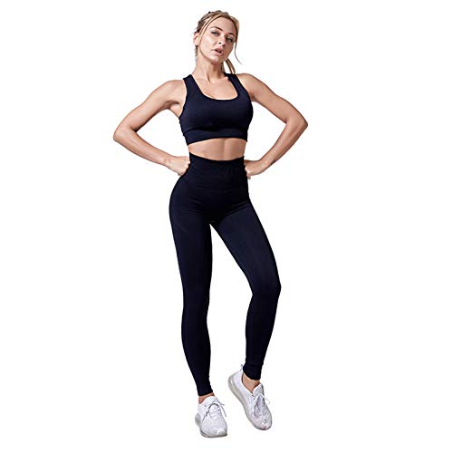 Jamron Mujer Conjunto de Ropa de Yoga Sujetador Deportivo+Polainas 2 Piezas Chandal Gimnasio Fitness Ropa Deportiva Negro SN071202 L