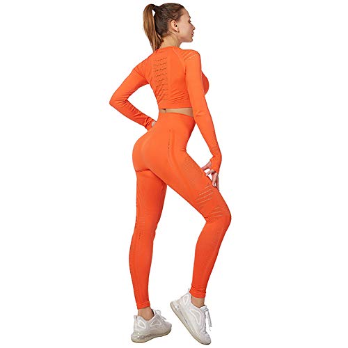 Jamron Mujer Conjunto de Ropa de Yoga Top Corto + Polainas 2 Piezas Chandal Gimnasio Fitness Ropa Deportiva Naranja SN05405 S