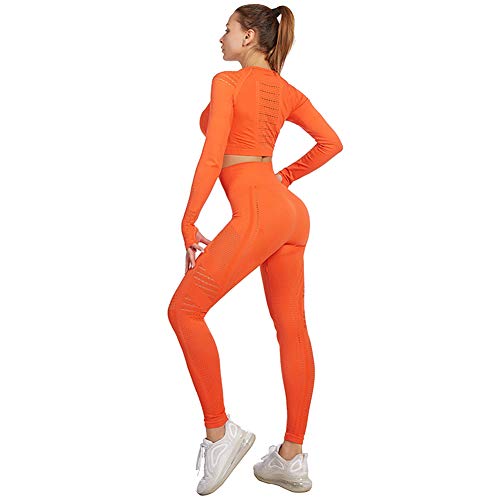 Jamron Mujer Conjunto de Ropa de Yoga Top Corto + Polainas 2 Piezas Chandal Gimnasio Fitness Ropa Deportiva Naranja SN05405 S