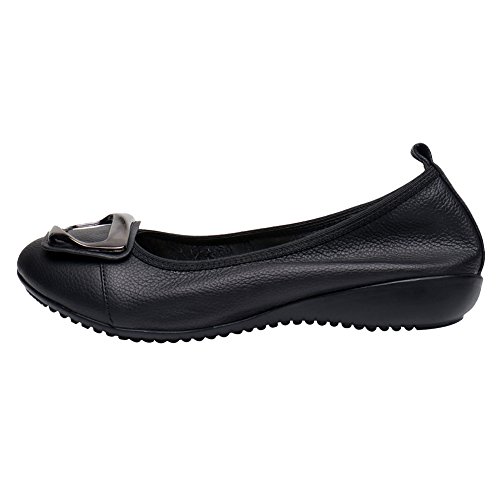 Jamron Mujer Piel Genuina Comodidad Zapatos Suela Blanda Bailarinas Talón de Cuña Baja Pantuflas Negro SN020624 EU38/240