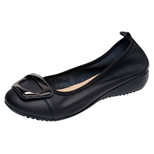 Jamron Mujer Piel Genuina Comodidad Zapatos Suela Blanda Bailarinas Talón de Cuña Baja Pantuflas Negro SN020624 EU38/240