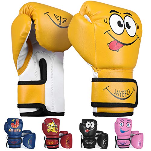 Jayefo Guantes de Boxeo para niños y niños, Guantes de Boxeo Juveniles para Boxeo, Muay Thai y Artes Marciales Mixtas, Guantes de Bolsa Pesada para Saco de Boxeo Pesado, 6 onzas, Amarillo