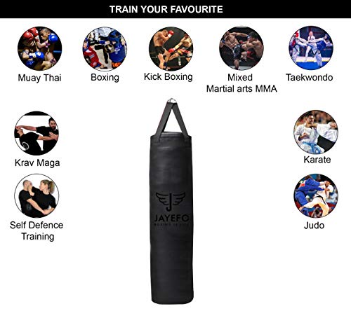 Jayefo Saco de Boxeo Deportivo – Bolsa de Boxeo Colgante para MMA, Karate, Judo, Muay Thai, Kickboxing, Entrenamiento en casa o Gimnasio – Bolsa Pesada sin llenar de 70 a 100 Libras – 4 pies – Negro