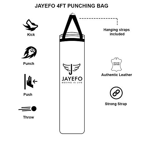 Jayefo Saco de Boxeo Deportivo – Bolsa de Boxeo Colgante para MMA, Karate, Judo, Muay Thai, Kickboxing, Entrenamiento en casa o Gimnasio – Bolsa Pesada sin llenar de 70 a 100 Libras – 4 pies – Negro