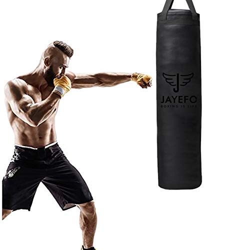 Jayefo Saco de Boxeo Deportivo – Bolsa de Boxeo Colgante para MMA, Karate, Judo, Muay Thai, Kickboxing, Entrenamiento en casa o Gimnasio – Bolsa Pesada sin llenar de 70 a 100 Libras – 4 pies – Negro