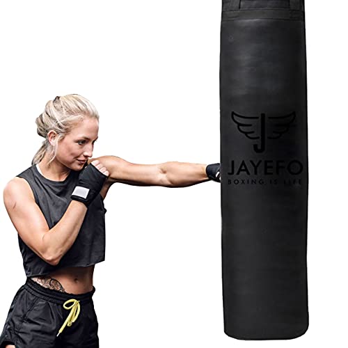 Jayefo Saco de Boxeo Deportivo – Bolsa de Boxeo Colgante para MMA, Karate, Judo, Muay Thai, Kickboxing, Entrenamiento en casa o Gimnasio – Bolsa Pesada sin llenar de 70 a 100 Libras – 4 pies – Negro