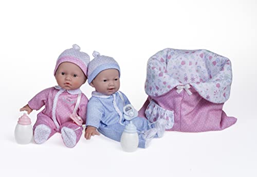 JC TOYS- Gemelos La Baby de 28 cm de Cuerpo Blando y Lavable, Vestidos extraíbles, biberones, Chupete y Saco de Dormir Reversible, Rosa y Azul, diseñada en España, 12 Meses