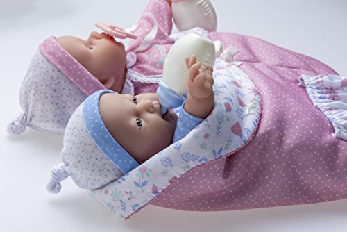 JC TOYS- Gemelos La Baby de 28 cm de Cuerpo Blando y Lavable, Vestidos extraíbles, biberones, Chupete y Saco de Dormir Reversible, Rosa y Azul, diseñada en España, 12 Meses