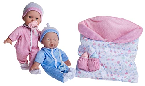 JC TOYS- Gemelos La Baby de 28 cm de Cuerpo Blando y Lavable, Vestidos extraíbles, biberones, Chupete y Saco de Dormir Reversible, Rosa y Azul, diseñada en España, 12 Meses