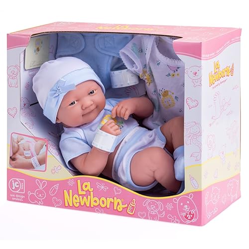 JC TOYS- Muñeco La Newborn recién Nacido de 38 cm, de Vinilo Suave, Incluye Ropa y 8 Accesorios, Azul, diseñado en España por Berenguer, 2 años