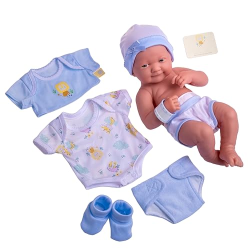 JC TOYS- Muñeco La Newborn recién Nacido de 38 cm, de Vinilo Suave, Incluye Ropa y 8 Accesorios, Azul, diseñado en España por Berenguer, 2 años