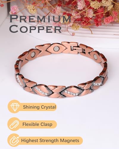 Jeracol Pulsera de cobre puro para mujer, pulseras magnéticas de terapia con diamantes, pulsera de terapia magnética para aliviar el dolor de artritis, tamaño ajustable, herramienta de eliminación y