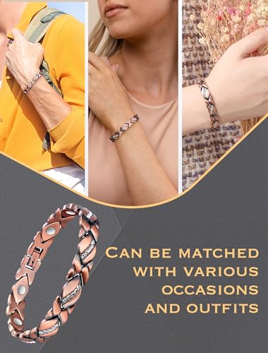 Jeracol Pulsera de cobre puro para mujer, pulseras magnéticas de terapia con diamantes, pulsera de terapia magnética para aliviar el dolor de artritis, tamaño ajustable, herramienta de eliminación y