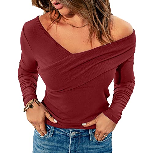 Jersey para mujer ajustado, color sólido, cruzado, cuello en V, hombros descubiertos, manga larga, camiseta superior, rojo, XL