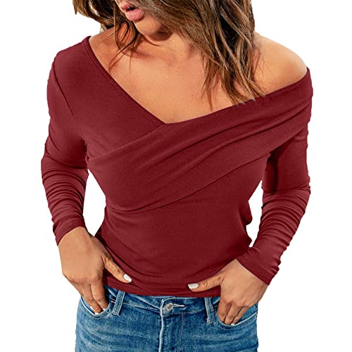 Jersey para mujer ajustado, color sólido, cruzado, cuello en V, hombros descubiertos, manga larga, camiseta superior, rojo, XL