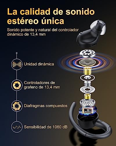 Jesebang Auriculares Inalámbricos Deportivos, Auriculares Bluetooth 5.3 con HD Micrófono, Sonido Premium, 40H de Reproducción, Pantalla LED, Cómodos de Llevar, Cascos Inalambricos con Gancho, Negro